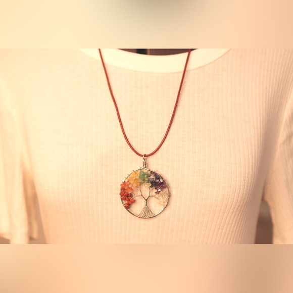 Tree Of Life Chakra Colorful Stone Chip Pendant with Leather Cord - Picture 5 of 8